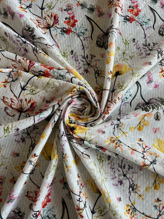 Yellow Floral Self Sequence Work Printed Fabric