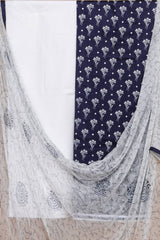 Indigo Blue Cotton Suit with Embroidered Bottom and Chiffon Dupatta