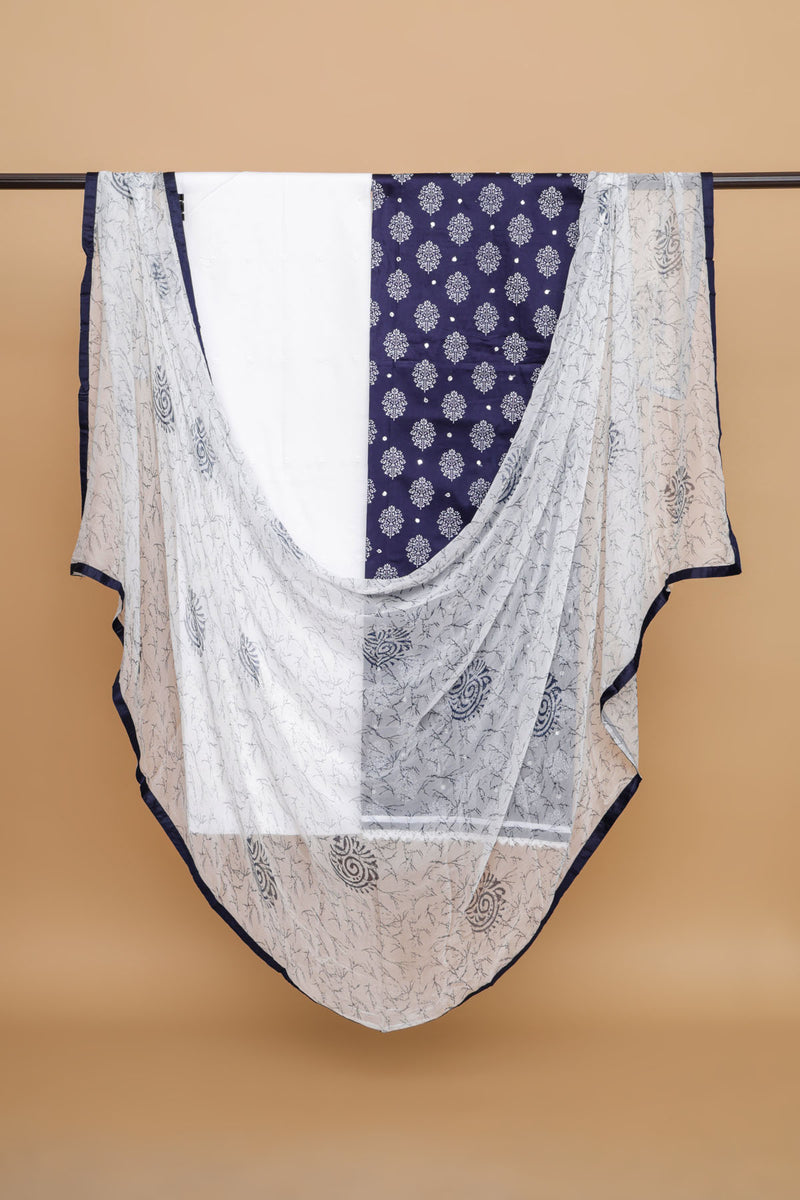 Indigo Blue Cotton Suit with Embroidered Bottom and Chiffon Dupatta