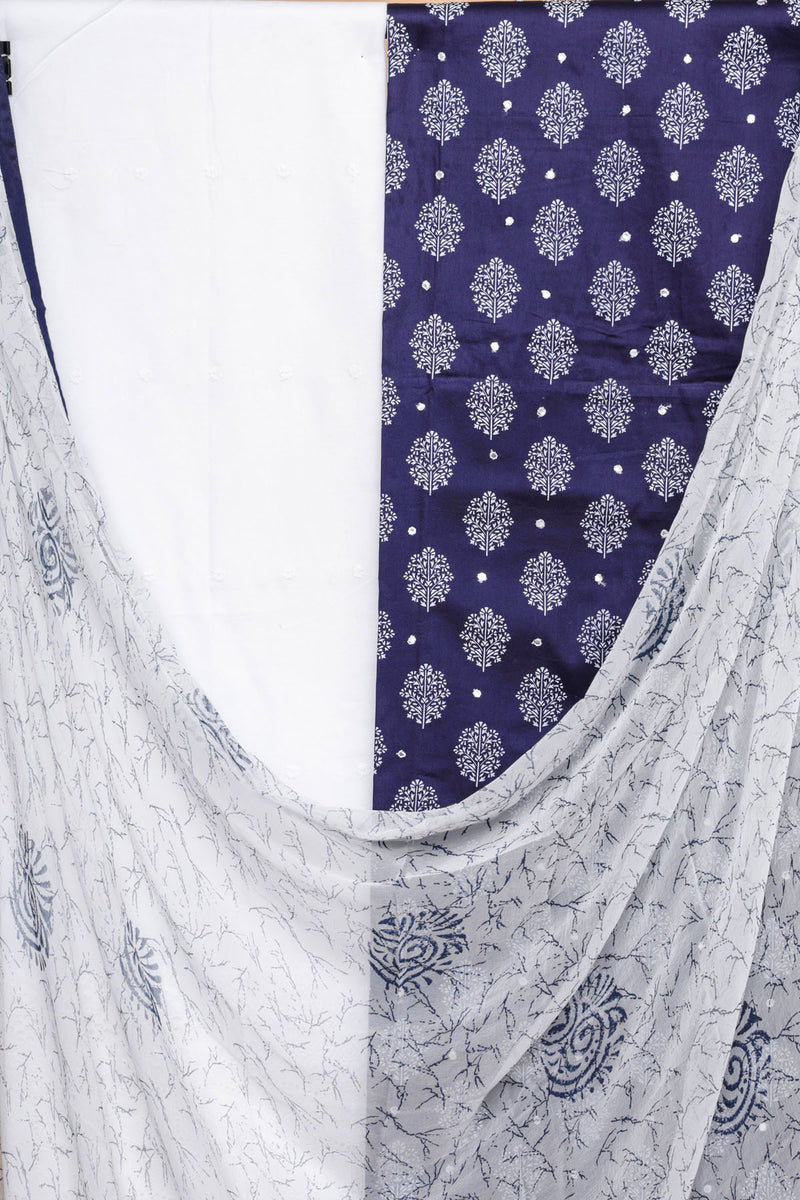 Indigo Blue Cotton Suit with Embroidered Bottom and Chiffon Dupatta