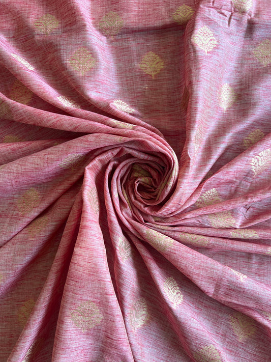 Pink Self Weaved Cotton Maheshwari Fabric with Golden Butis