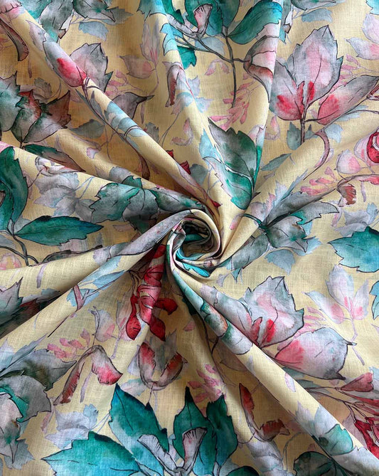 Leaf Printed Cotton Linen Fabric