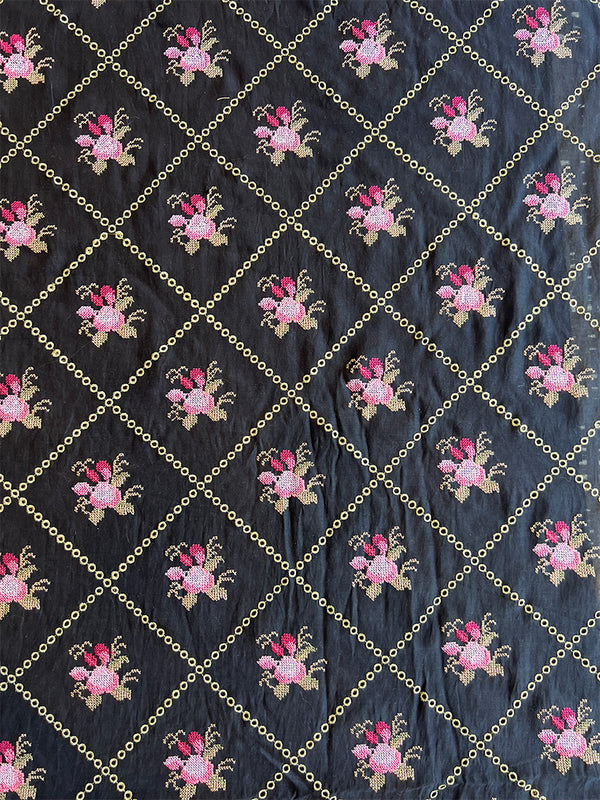 Black Colour Mulmul Cross Stitch Embroidered Fabric