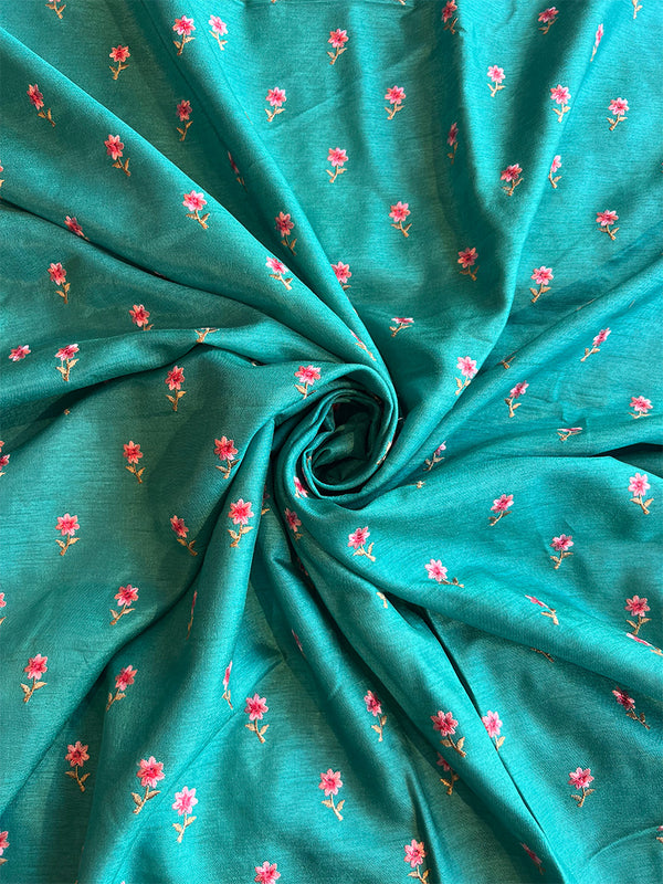 Teal Chanderi Embroidered Fabric
