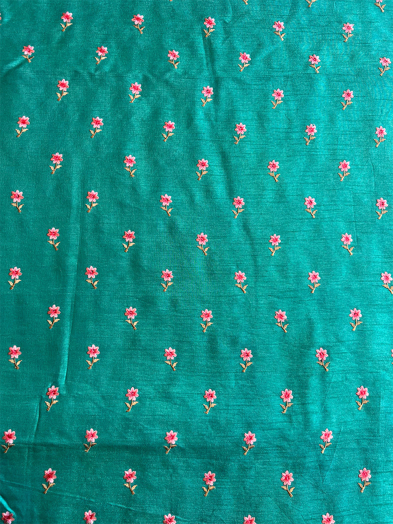 Teal Chanderi Embroidered Fabric