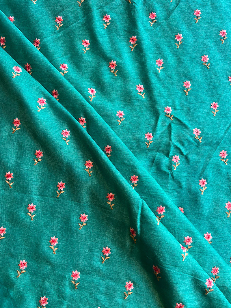 Teal Chanderi Embroidered Fabric