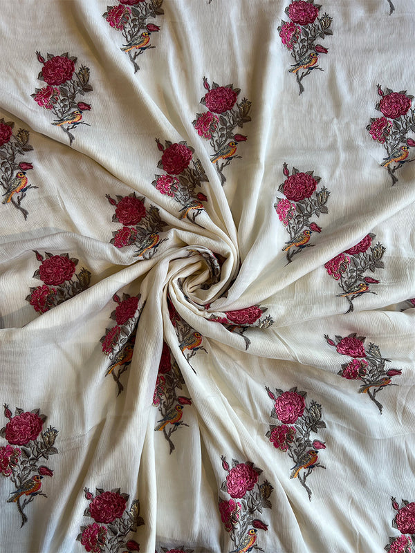 White Colour Pure Chinon Embroidered Fabric