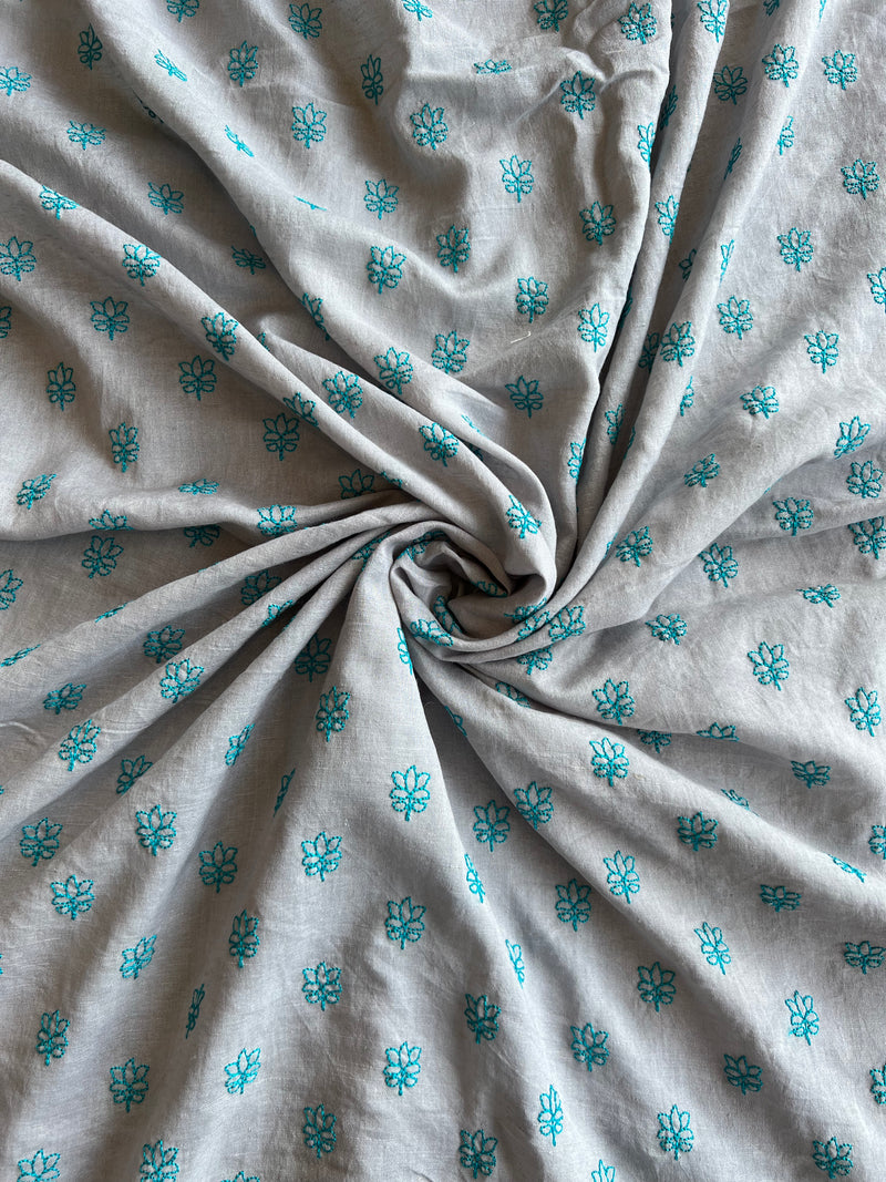 Grey Embroidered Buti Chanderi Fabric