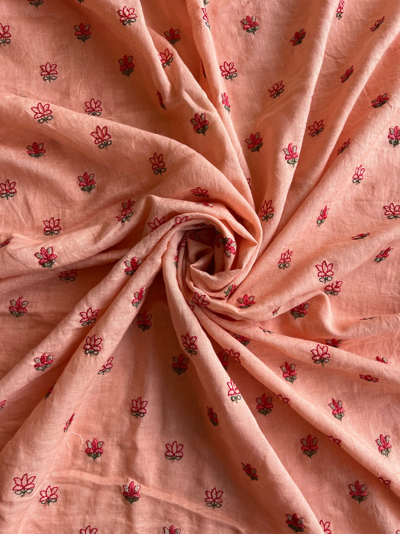 Peach Embroidered Buti Chanderi Fabric