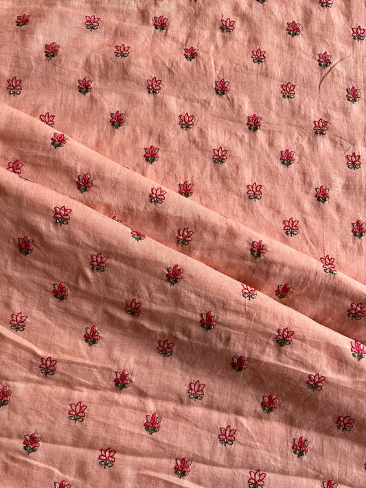 Peach Embroidered Buti Cotton Linen Fabric