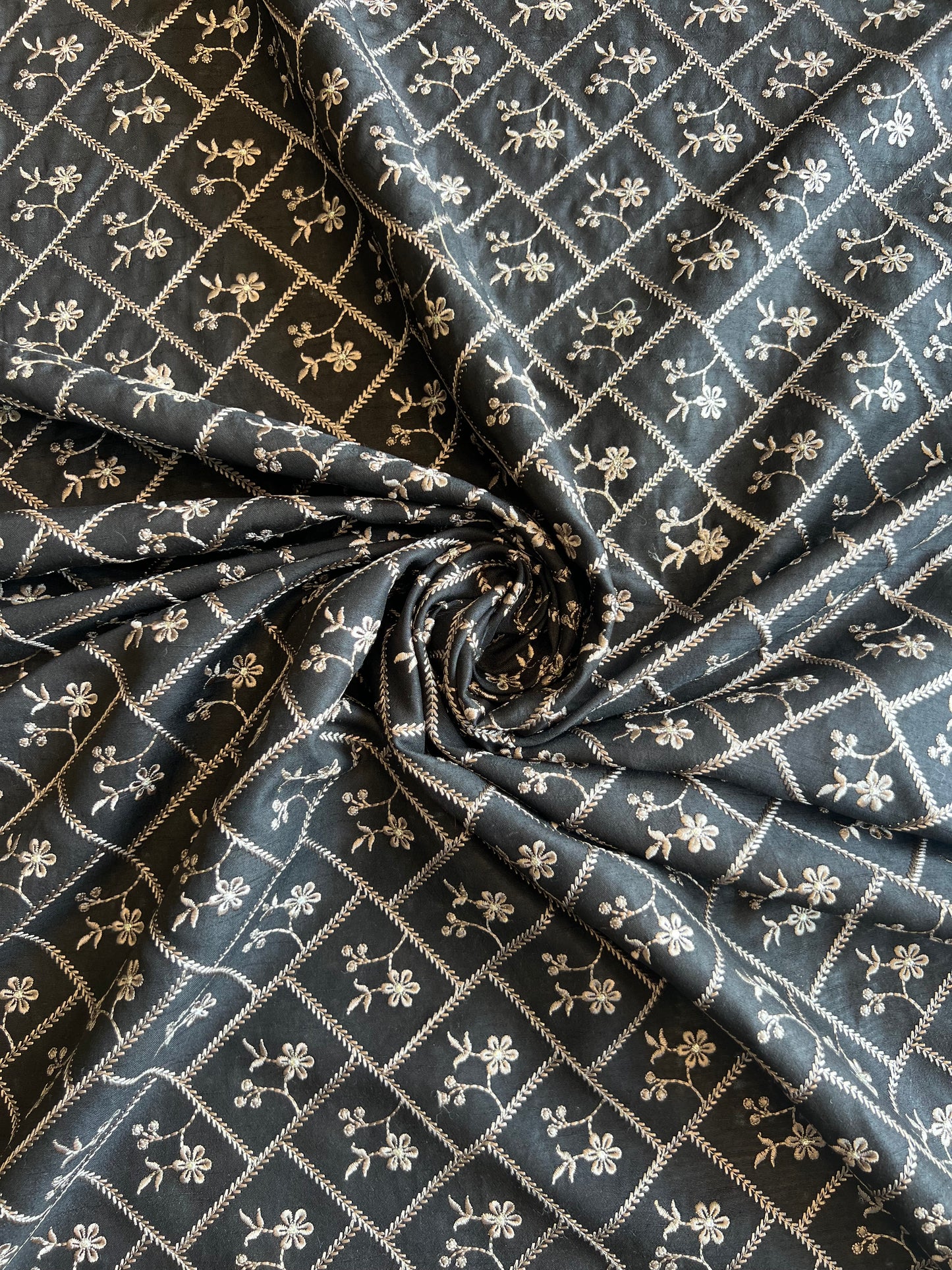 Black Viscose Raw Silk Embroidered Fabric