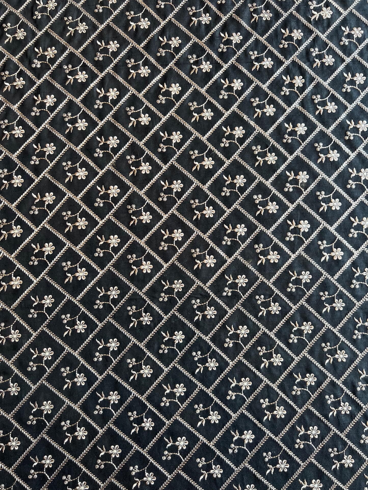 Black Viscose Raw Silk Embroidered Fabric