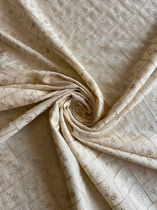 Cream Viscose Raw Silk Embroidered Fabric