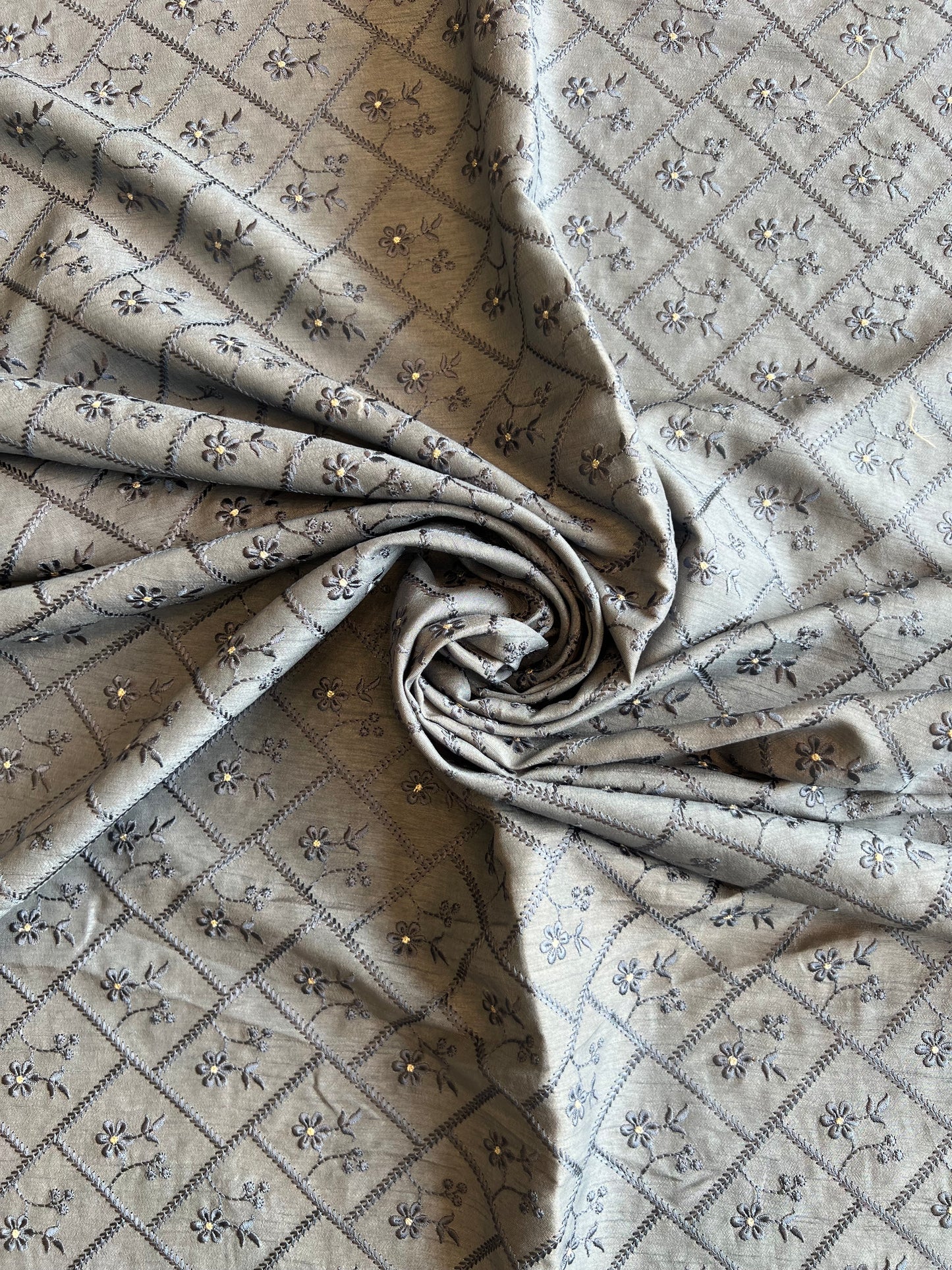 Grey Viscose Raw Silk Embroidered Fabric