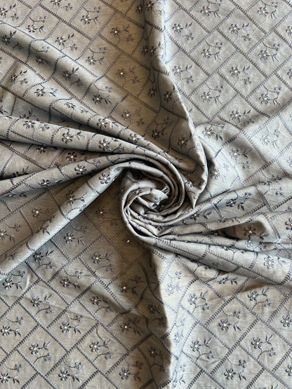 Grey Viscose Raw Silk Embroidered Fabric