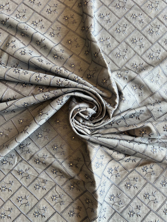 Grey Viscose Raw Silk Embroidered Fabric