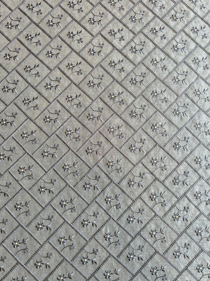 Grey Viscose Raw Silk Embroidered Fabric