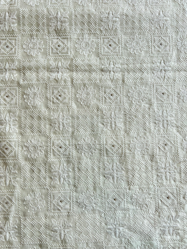 Off White Embroidered Chanderi Fabric