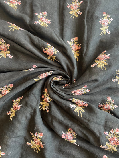 Black Pure Gauze Linen Embroidered Fabric