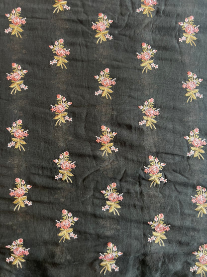 Black Pure Gauze Linen Embroidered Fabric