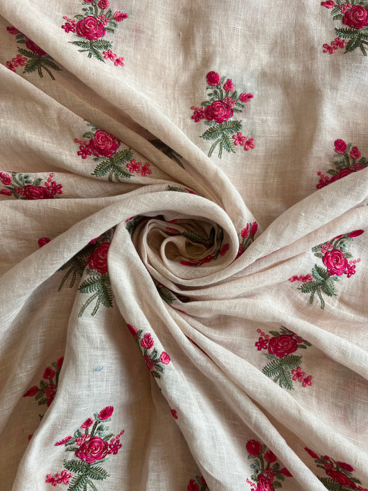 Peach Pure Gauze Linen Embroidered Fabric