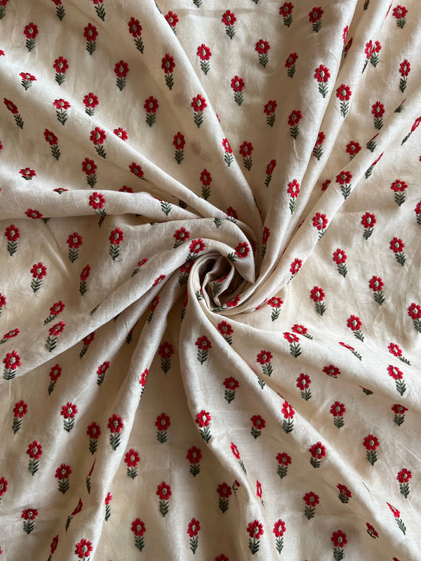 Beige Chanderi Fabric with Red Embroidered Buti