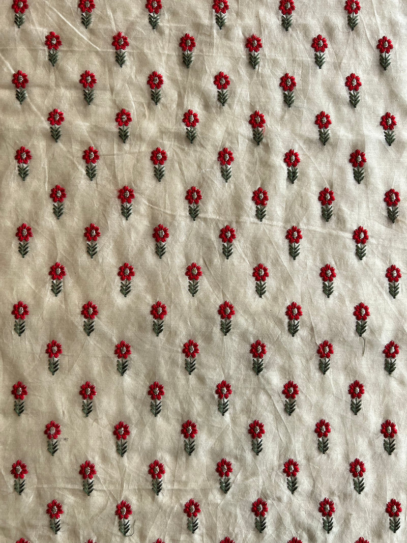 Beige Chanderi Fabric with Red Embroidered Buti