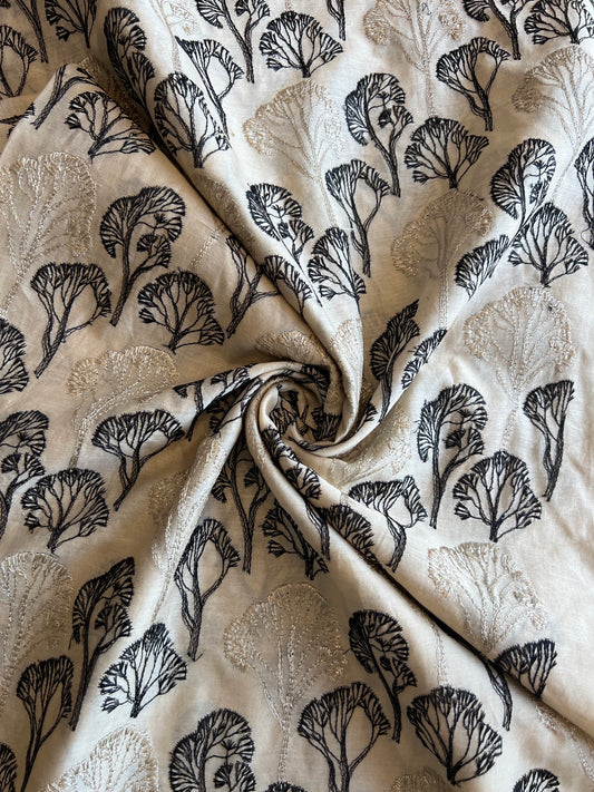 Beige and Black Embroidered Silk Chanderi Fabric