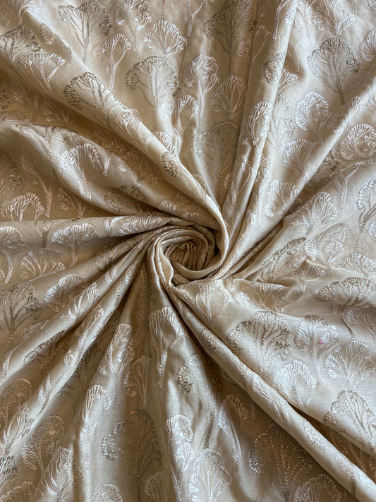 Golden Embroidered Silk Chanderi Fabric