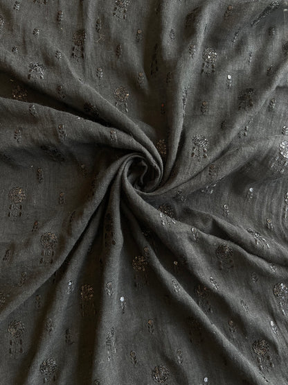 Black Pure Linen Embroidred Fabric