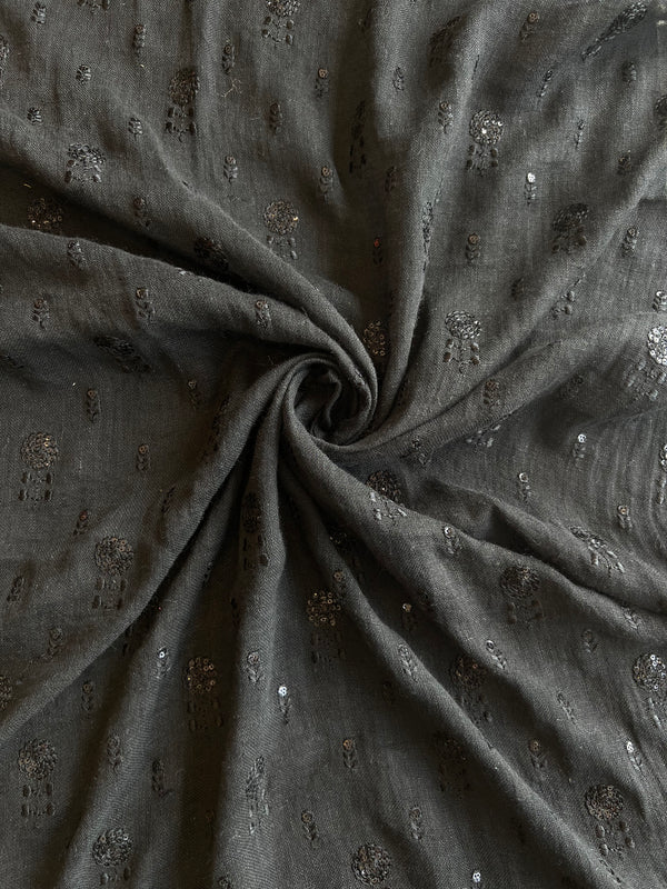 Black Pure Linen Embroidred Fabric