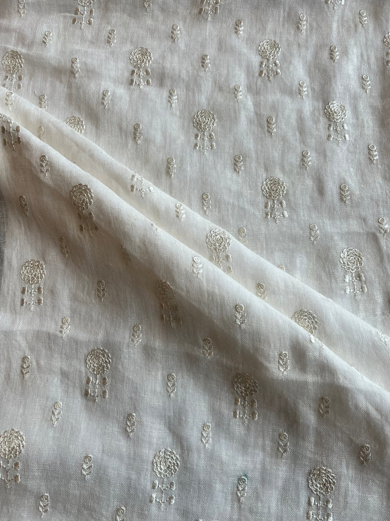 White Pure Linen Embroidered Fabric