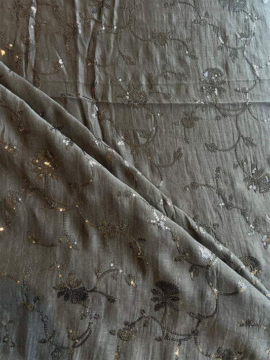 Black Colour Mul Chanderi with Sequence Work Embroidered Fabric