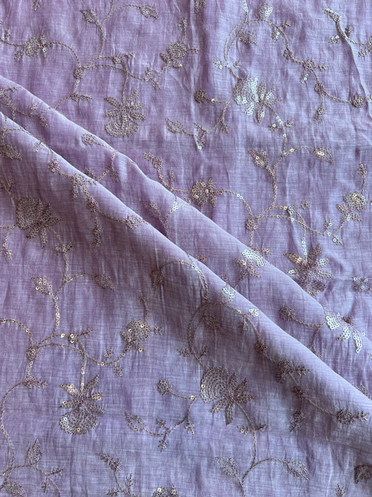 Mauve Colour Mulmul with Sequence Work Embroidered Fabric
