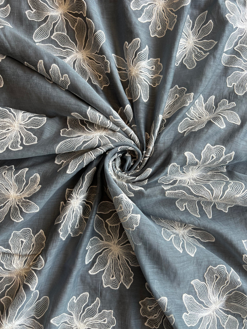Grey Embroidered Chanderi Fabric