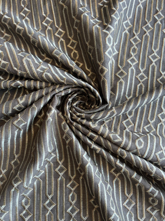 Grey Geometrical Embroidered Viscose Raw Silk Fabric