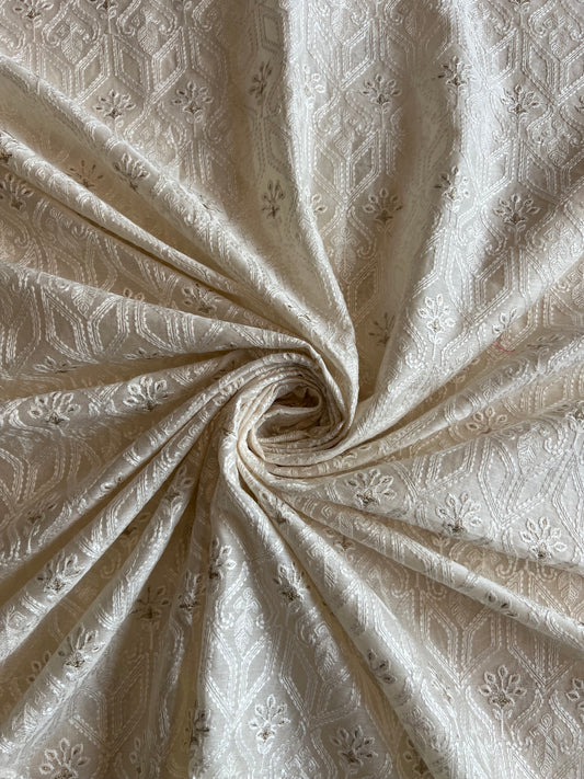 Ivory Colour Silk Chanderi Embroidered Fabric