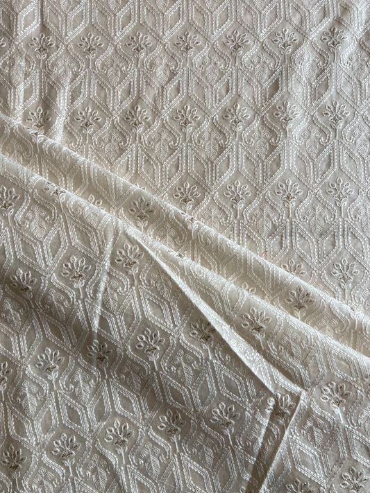 Ivory Colour Silk Chanderi Embroidered Fabric