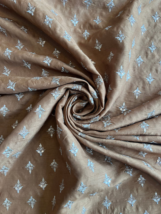 Mustard Sequence Work Embroidery Viscose Raw Silk Fabric