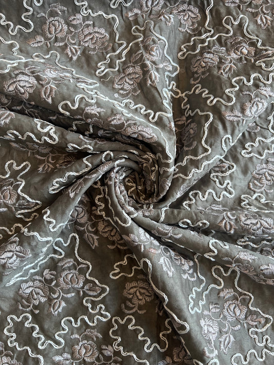 Grey Emboidered Silk Chanderi Fabric