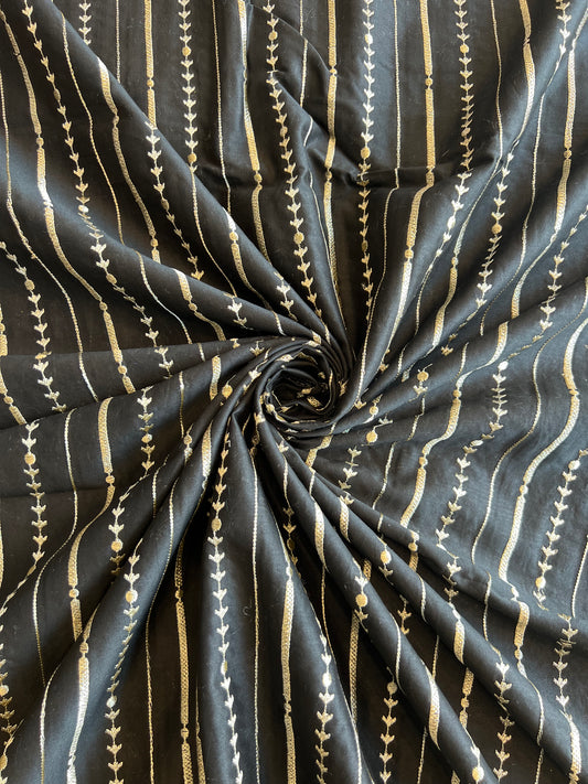 Black Zari Embroidered Silk Chanderi Fabric