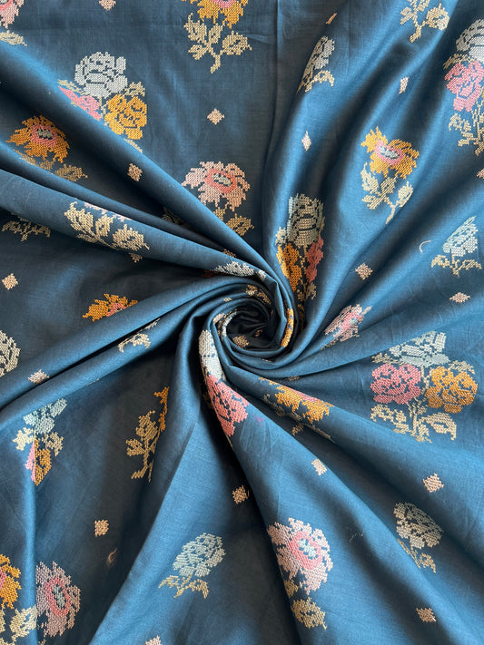 Teal Blue Floral Embroidered Silk Chanderi Fabric