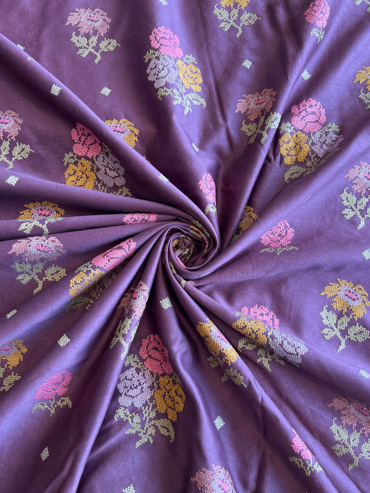 Wine Floral Embroidered Silk Chanderi Fabric