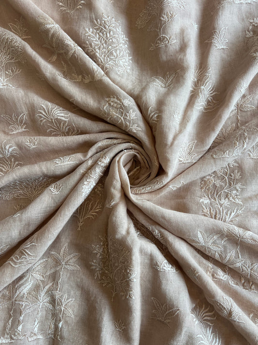 Almond Colour Pure Gauze Linen Embroidered Fabric