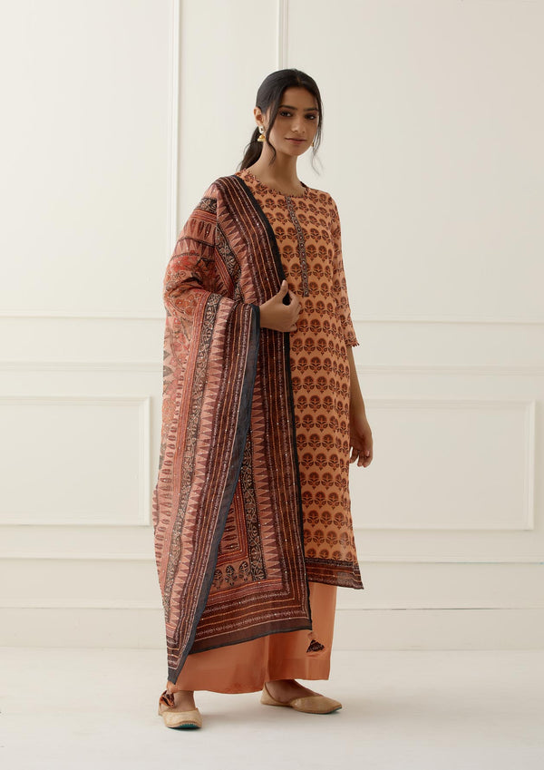 Traditional Printed Suit with Hand Kantha Work Dupatta Set