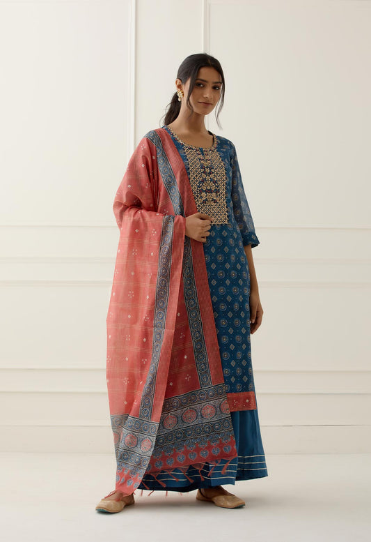 Blue Gota Work Suit Set with contrast Bhandani Dupatta