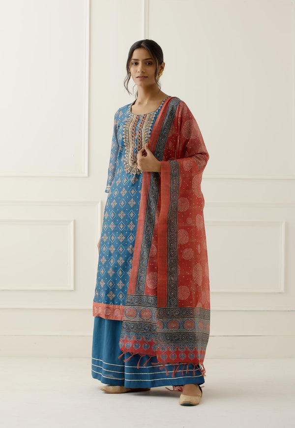 Blue Sequence and Gota Work Suit Set with contrast Bhandani Dupatta