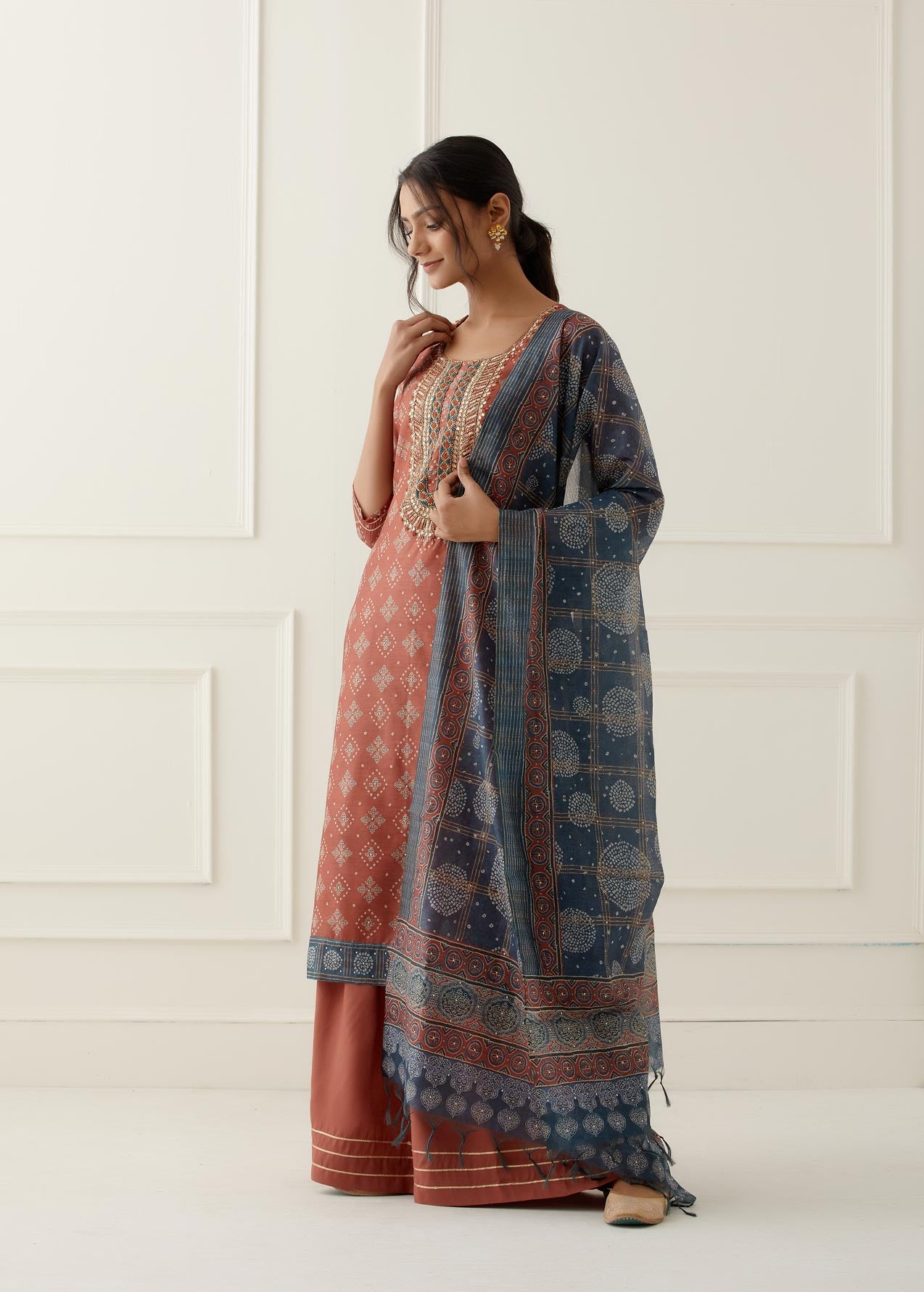 Rust Sequence and Gota Work Suit Set with contrast Bhandani Dupatta