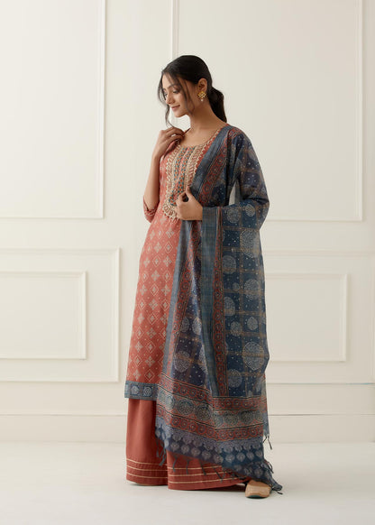 Rust Sequence and Gota Work Suit Set with contrast Bhandani Dupatta