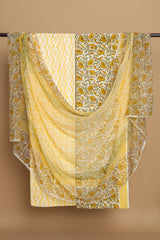 Lemon Cotton Hand Block Printed Suit with Chiffon Dupatta